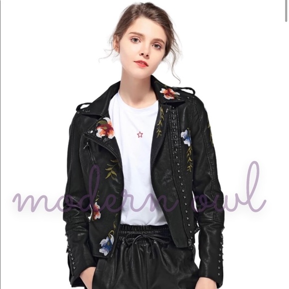 New! Black Embroidered Flowers With Stud Faux Leather Motorcycle Style Jacket - Picture 9 of 15